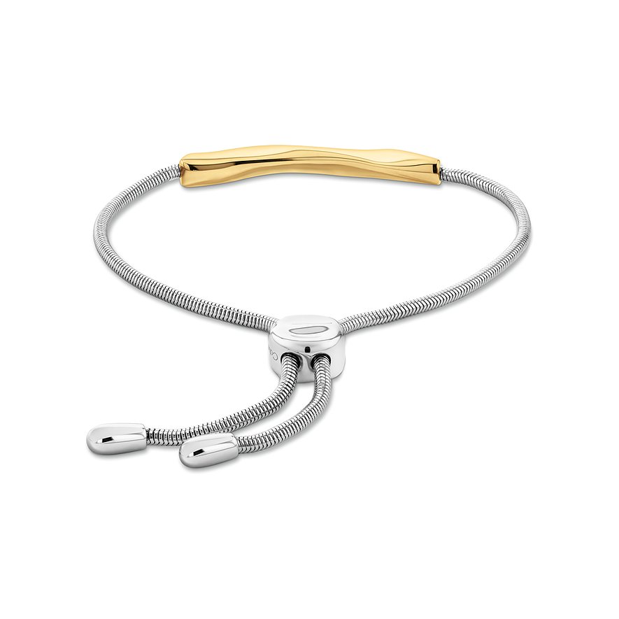 Calvin Klein damesarmband van tweekleurig roestvrij staal met schuifsluiting. Goudkleurige plaat en zilveren ketting.