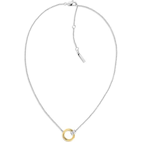 Calvin Klein Halsschmuck aus Edelstahl mit silberner Kette und zwei ineinandergreifenden Ringen, einer in Goldfarben.