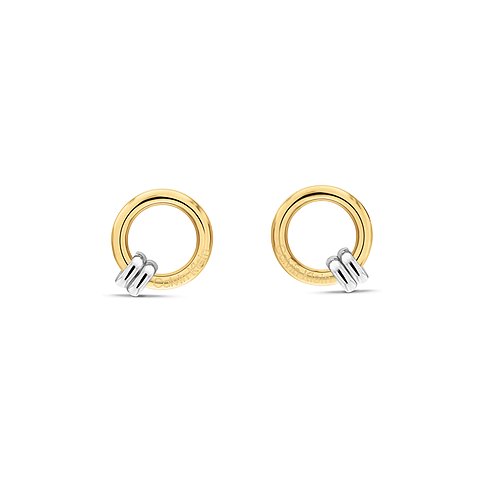Ein glänzendes Paar Calvin Klein Ohrschmuck aus gelb vergoldetem und silberfarbenem Edelstahl.