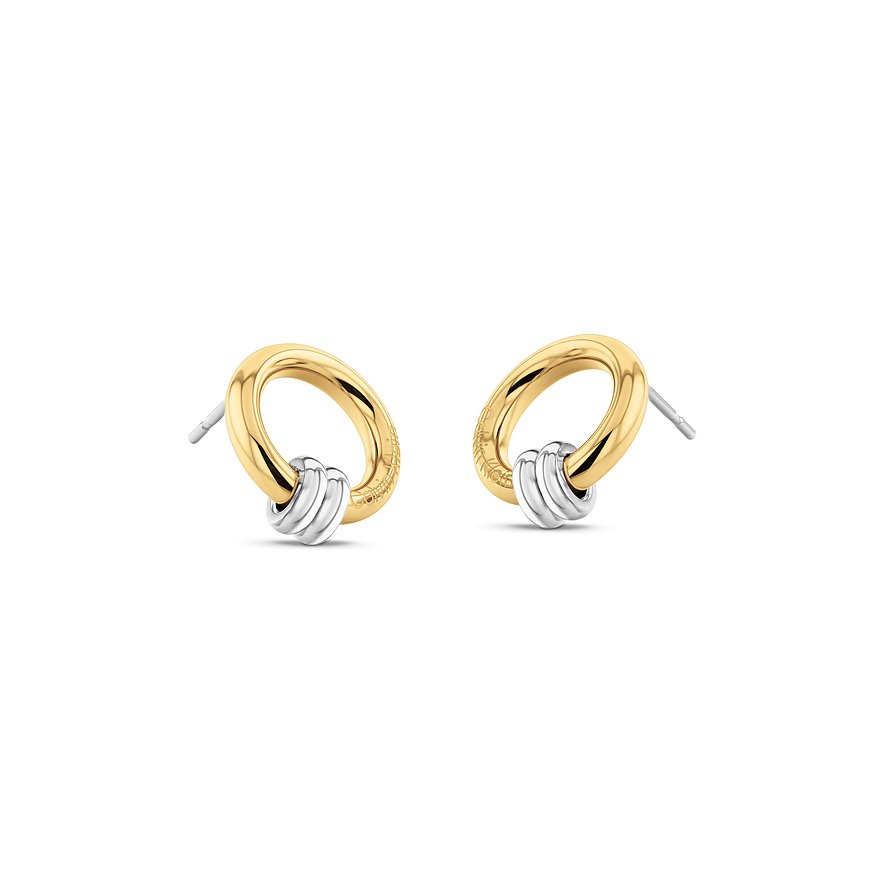 Twee goudkleurige Calvin Klein oorstekers, ovaal roestvrij staal, met drie zilveren ringen eronder.