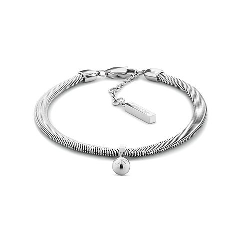 Calvin Klein Damenarmband aus glänzendem Edelstahl mit Schlangenkette, Rundkugel-Anhänger und Markenlabel.