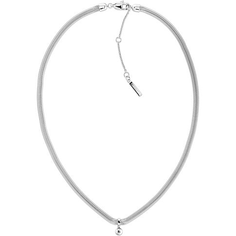 Calvin Klein Halsschmuck aus Edelstahl mit schlangenförmiger Kette und kleiner Kugel als Anhänger.