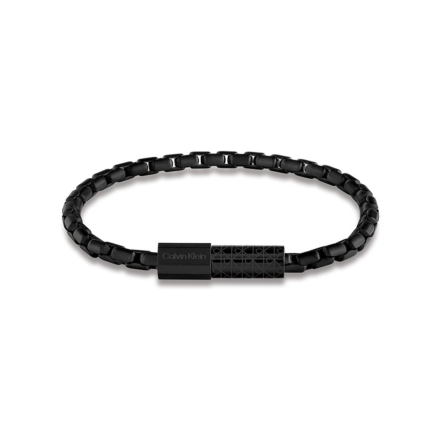 Eng anliegendes, schwarz beschichtetes Calvin Klein Edelstahl-Armband mit Kettengliedern und Logo-Verschluss.
