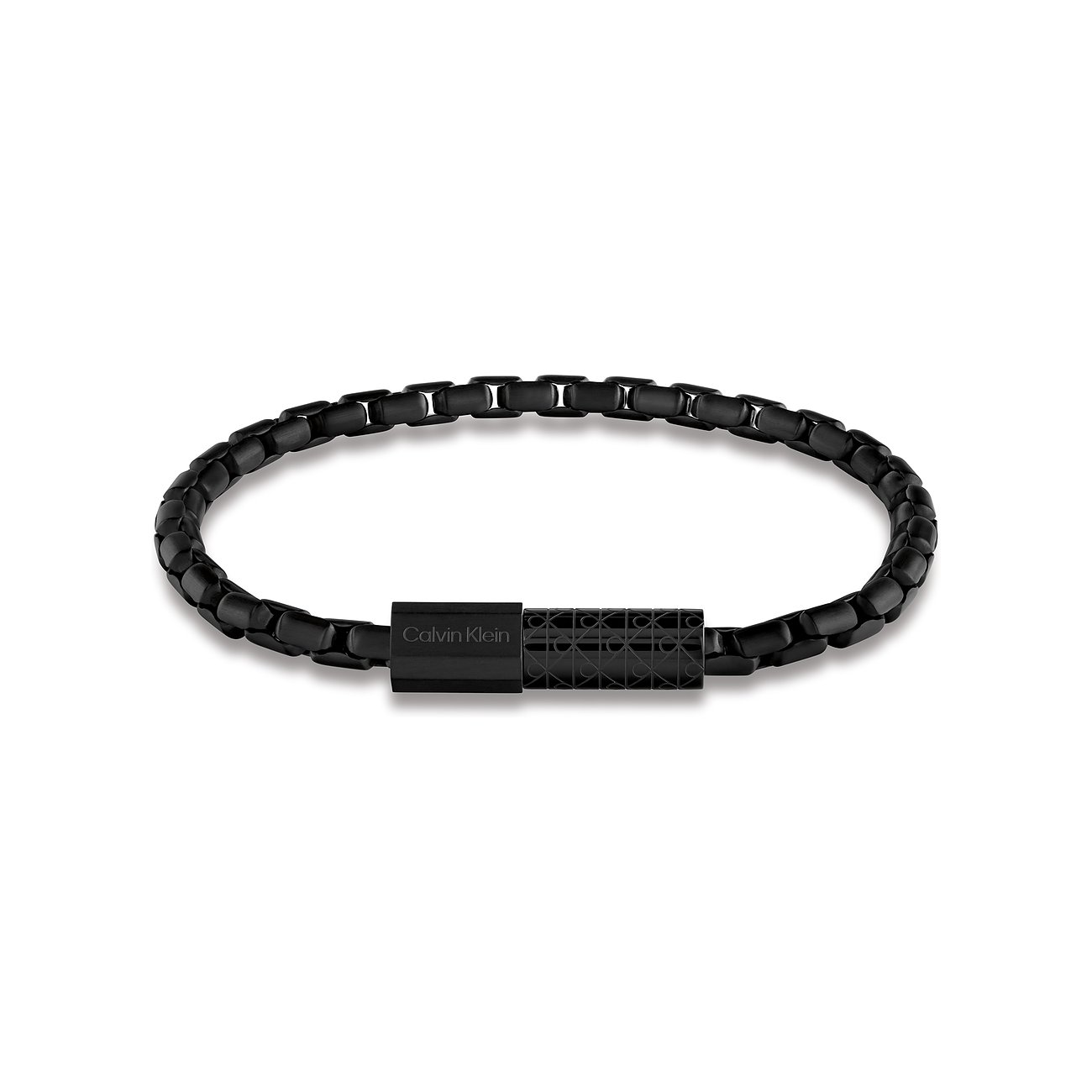 Eng anliegendes, schwarz beschichtetes Calvin Klein Edelstahl-Armband mit Kettengliedern und Logo-Verschluss.