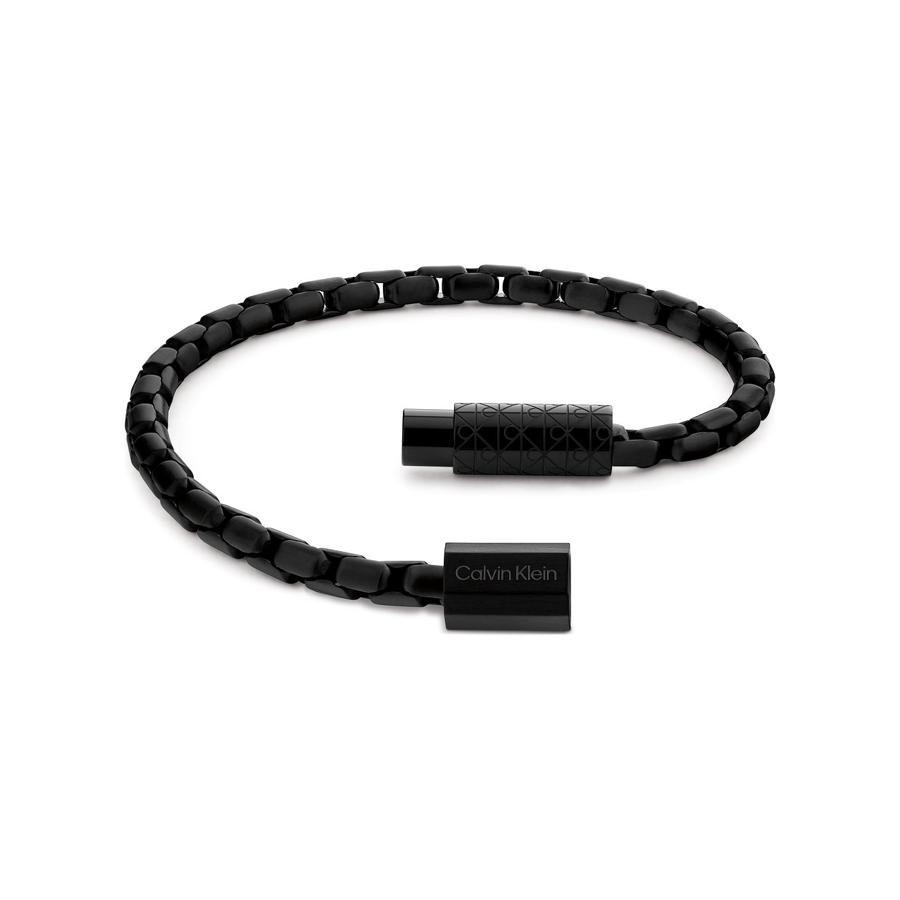 Calvin Klein Herren Armreif aus Edelstahl in Schwarz, mit markantem Muster auf dem Verschluss und Logo