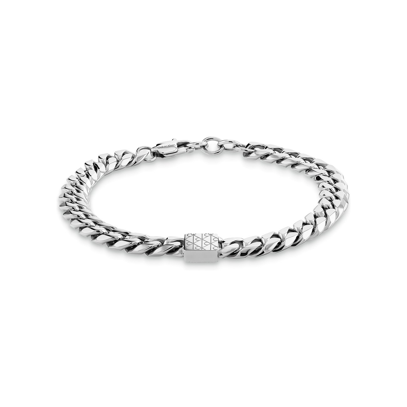 Calvin Klein armband van glanzend roestvrij staal, robuuste pancierketting met rechthoekige merksluiting.