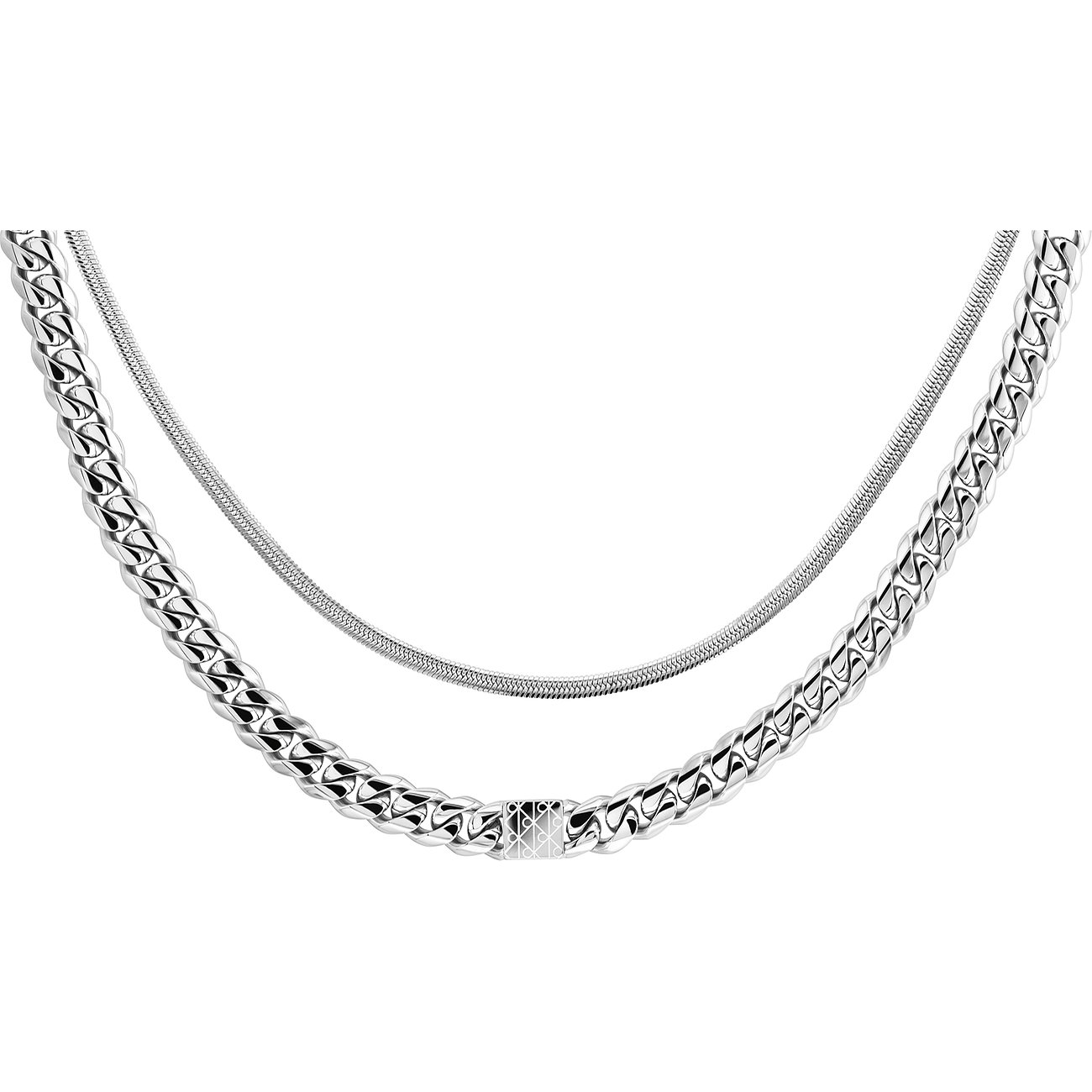 Calvin Klein halssieraad van roestvrij staal, bestaande uit een dunne slangenketting en een dikkere gourmetteketting.