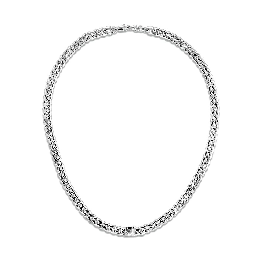 Calvin Klein schakelketting van glanzend roestvrij staal, liggend getoond in het nekgebied.