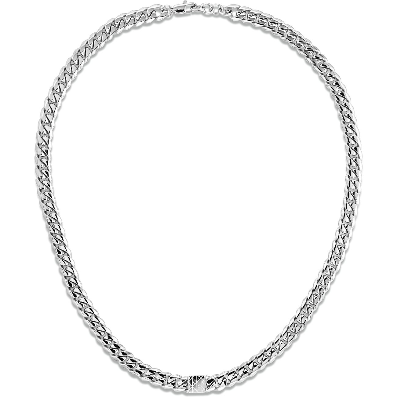 Calvin Klein schakelketting van glanzend roestvrij staal, liggend getoond in het nekgebied.
