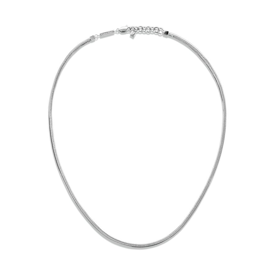 Calvin Klein halsketting van zilverkleurig roestvrij staal, als platte slangenketting met karabijnsluiting.