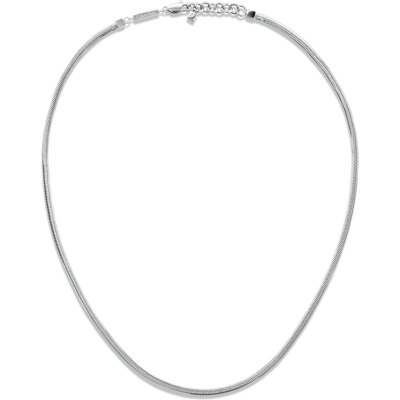 Calvin Klein halsketting van zilverkleurig roestvrij staal, als platte slangenketting met karabijnsluiting.