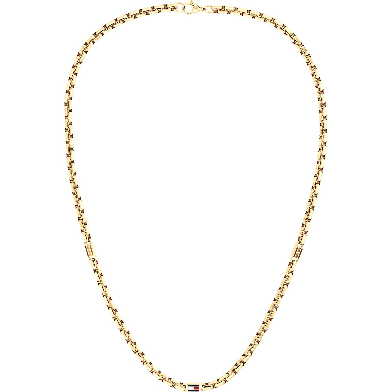 Tommy Hilfiger Halskette aus goldfarbenem Edelstahl mit Tommy Hilfiger Logo in der Mitte.