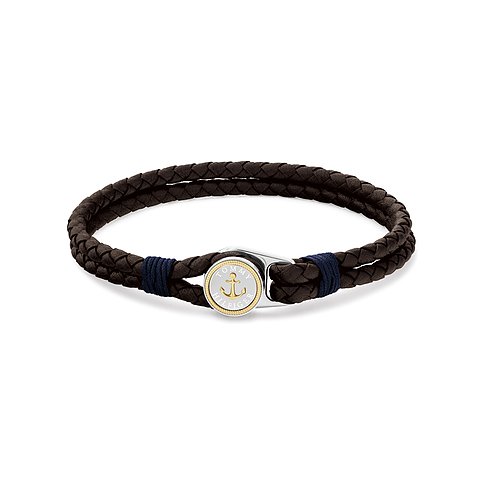 Tommy Hilfiger Armschmuck: Geflochtenes braunes Lederarmband mit einem silberfarbenen Edelstahlverschluss und Anker-Detail.