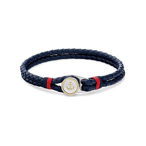Tommy Hilfiger Armband: dunkelblaues Leder, Edelstahl, roter Akzent, Anker auf Verschluss.