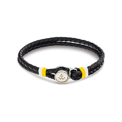Schwarzes Tommy Hilfiger Armband aus geflochtenem Leder und Edelstahl, mit Ankerdetail auf dem Verschluss.