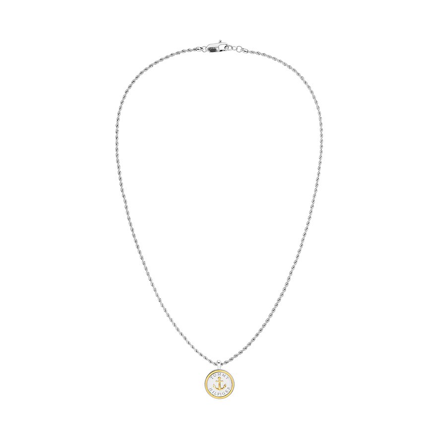 Tommy Hilfiger Halsschmuck aus Edelstahl mit rundem Anhänger, der ein goldenes Ankerdesign zeigt.