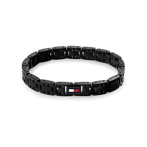 Ein schwarzes Armband aus Edelstahl von Tommy Hilfiger mit einem kleinen Tommy Hilfiger Logo in der Mitte.