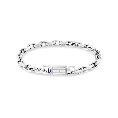 Tommy Hilfiger Armband aus poliertem Edelstahl mit dicken Gliedern und rechteckigem Verschluss mit Markenlogo.