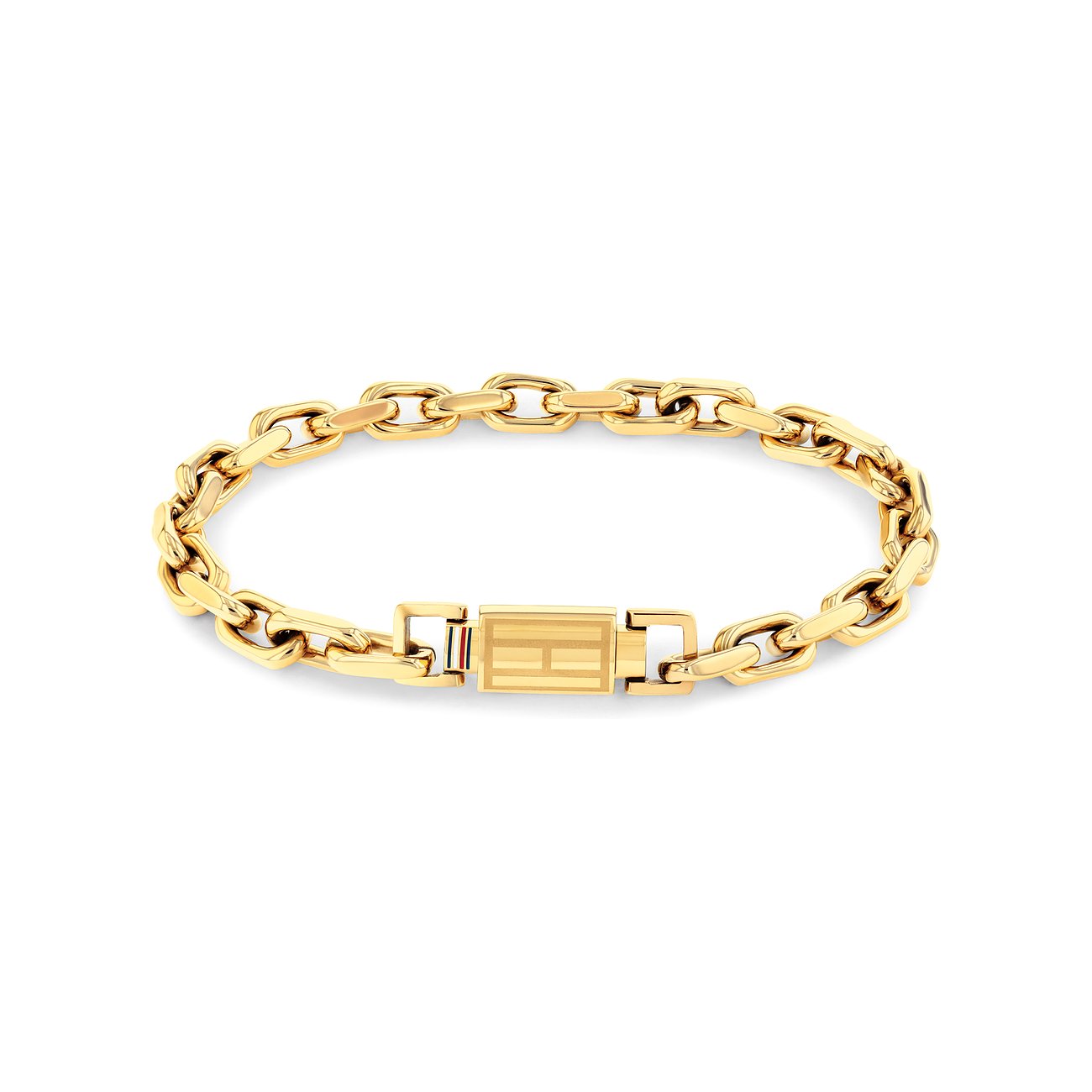 Die goldfarbene Tommy Hilfiger Armkette aus Edelstahl hat dicke Glieder und einen Verschluss mit dem Markenlogo.
