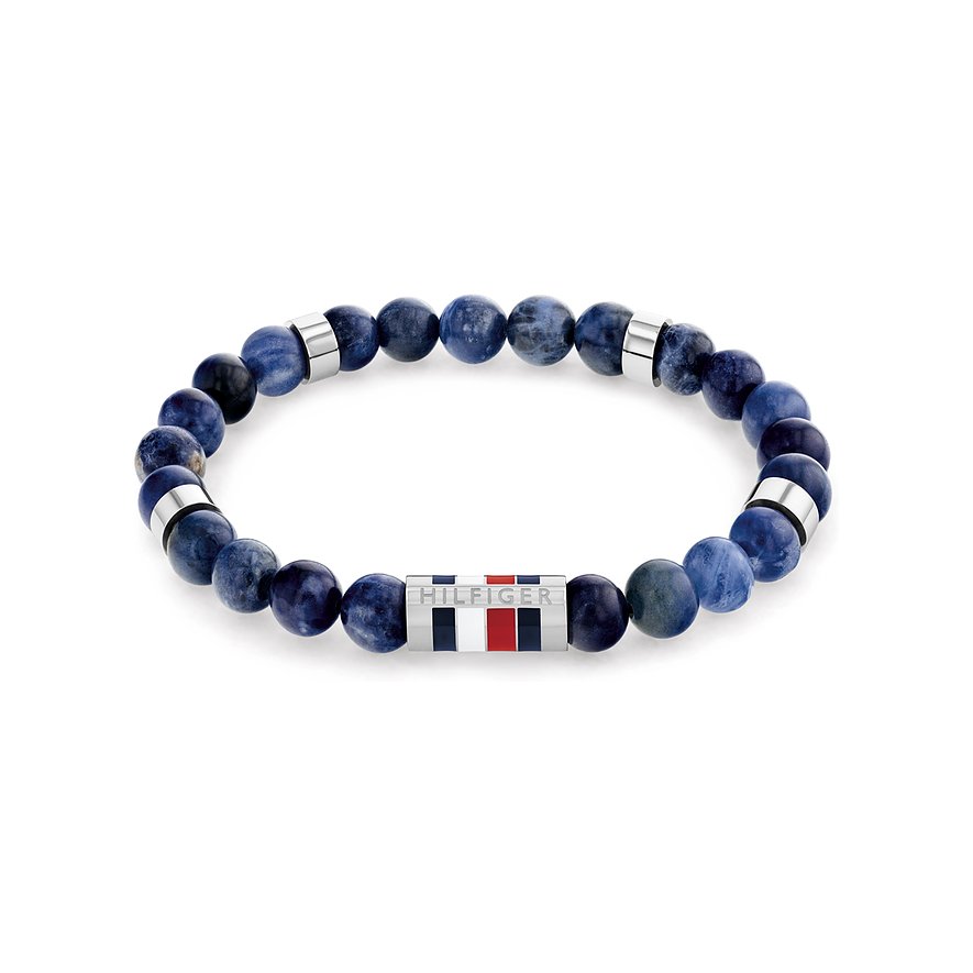 Tommy Hilfiger Armband aus Edelstahl mit dunkelblauen Sodalith-Perlen und einem Tommy Hilfiger Marken-Anhänger.