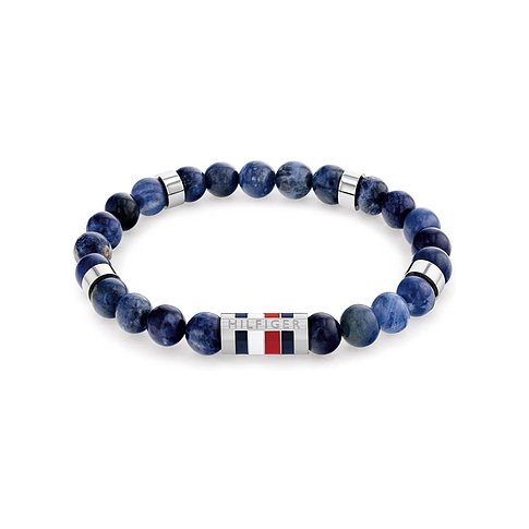 Tommy Hilfiger Armband aus Edelstahl mit dunkelblauen Sodalith-Perlen und einem Tommy Hilfiger Marken-Anhänger.