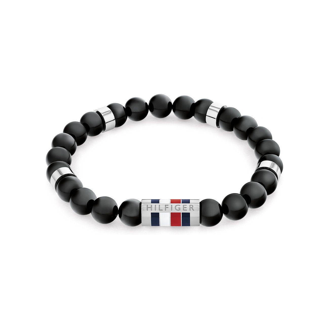Tommy Hilfiger Armband aus Edelstahl mit matten schwarzen Onyx-Farbstein-Kügelchen und Hilfiger Logo in der Mitte.