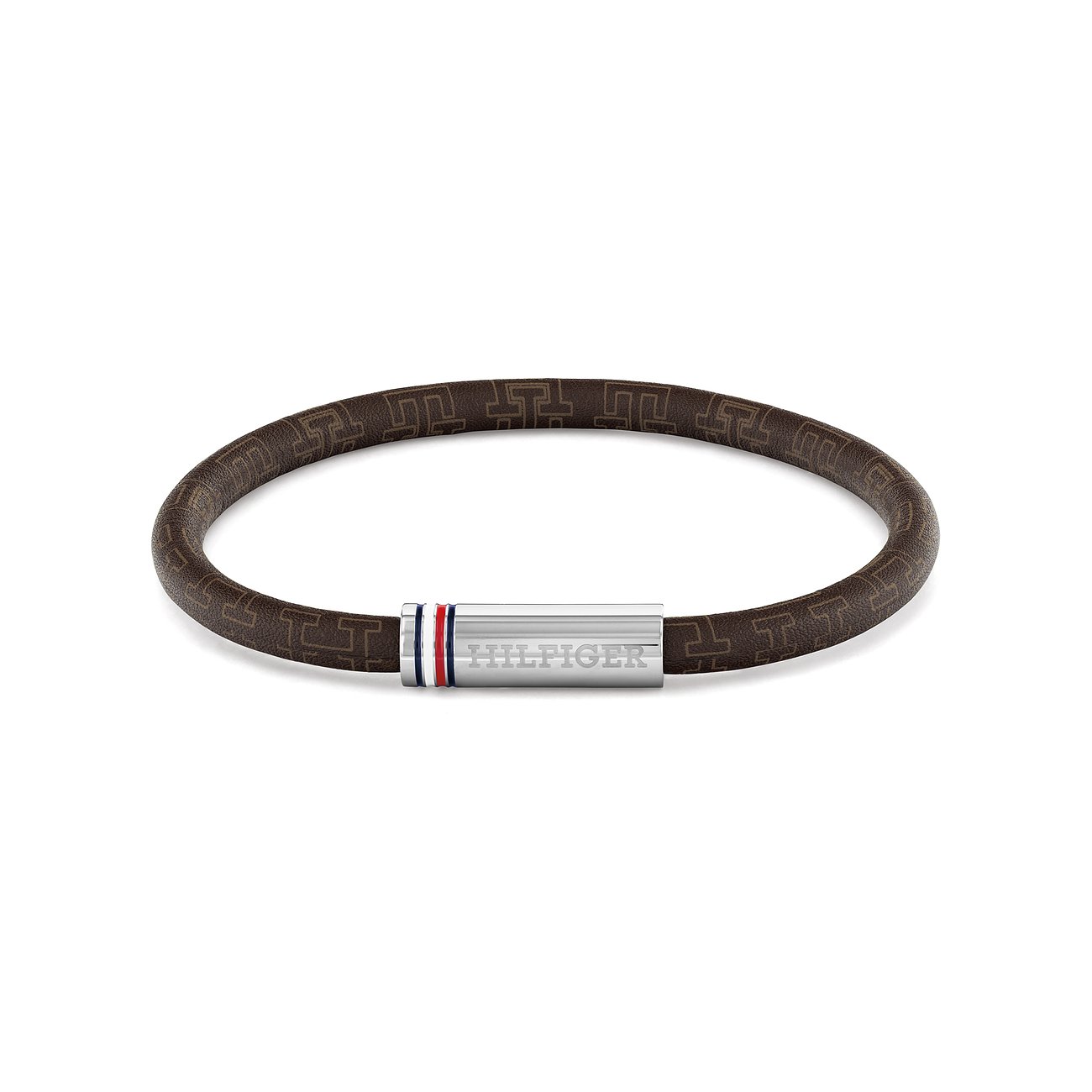 Tommy Hilfiger Armband aus braunem Textil mit eingeprägtem Muster und einer Schließe aus Edelstahl.