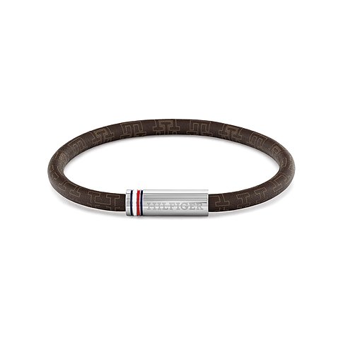 Tommy Hilfiger Armband aus braunem Textil mit eingeprägtem Muster und einer Schließe aus Edelstahl.