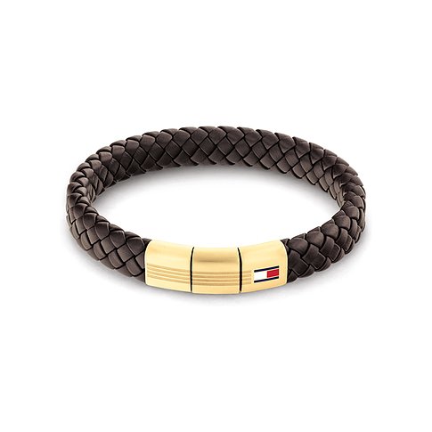 Tommy Hilfiger Armschmuck aus geflochtenem braunem Leder mit goldenem Edelstahlverschluss und Logo.