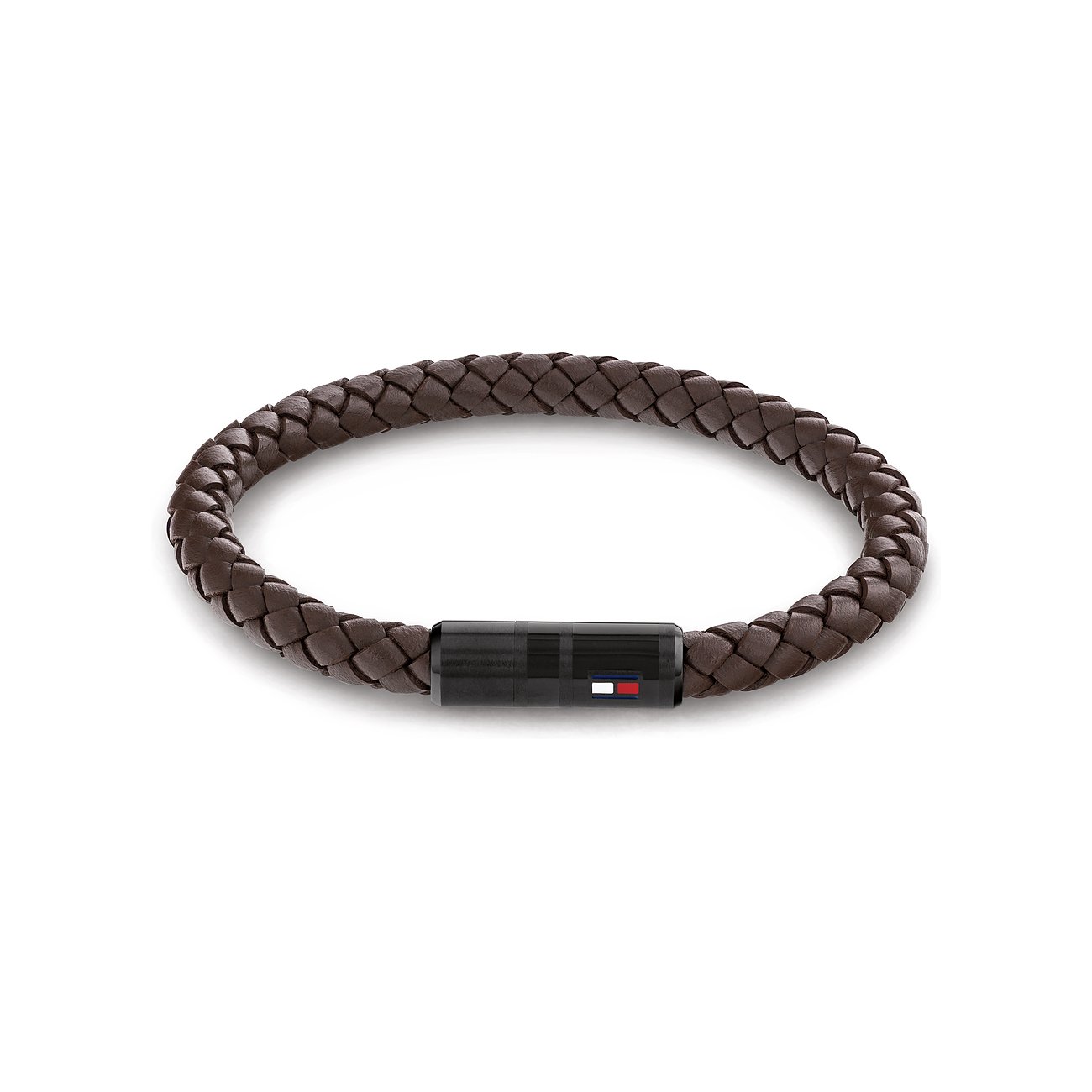Tommy Hilfiger Armschmuck aus braunem Leder mit geflochtenem Band und einem Verschluss aus schwarzem Edelstahl.