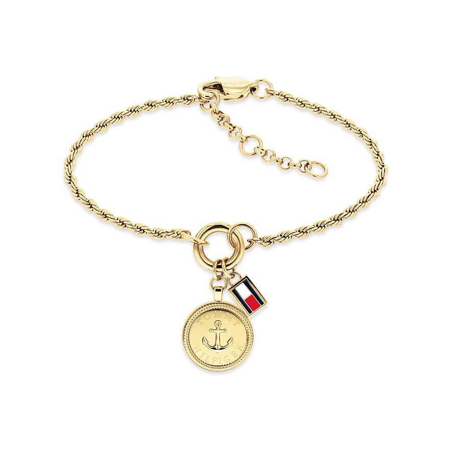 Goldenes Tommy Hilfiger Edelstahlarmband: Kordelkette, Münzanhänger mit Anker, kleiner Flaggenanhänger.