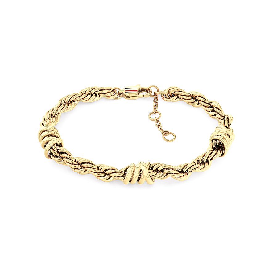 Tommy Hilfiger Armschmuck aus gelbgoldfarbenem Edelstahl in Kordelketten-Optik mit zwei dekorativen Knoten.