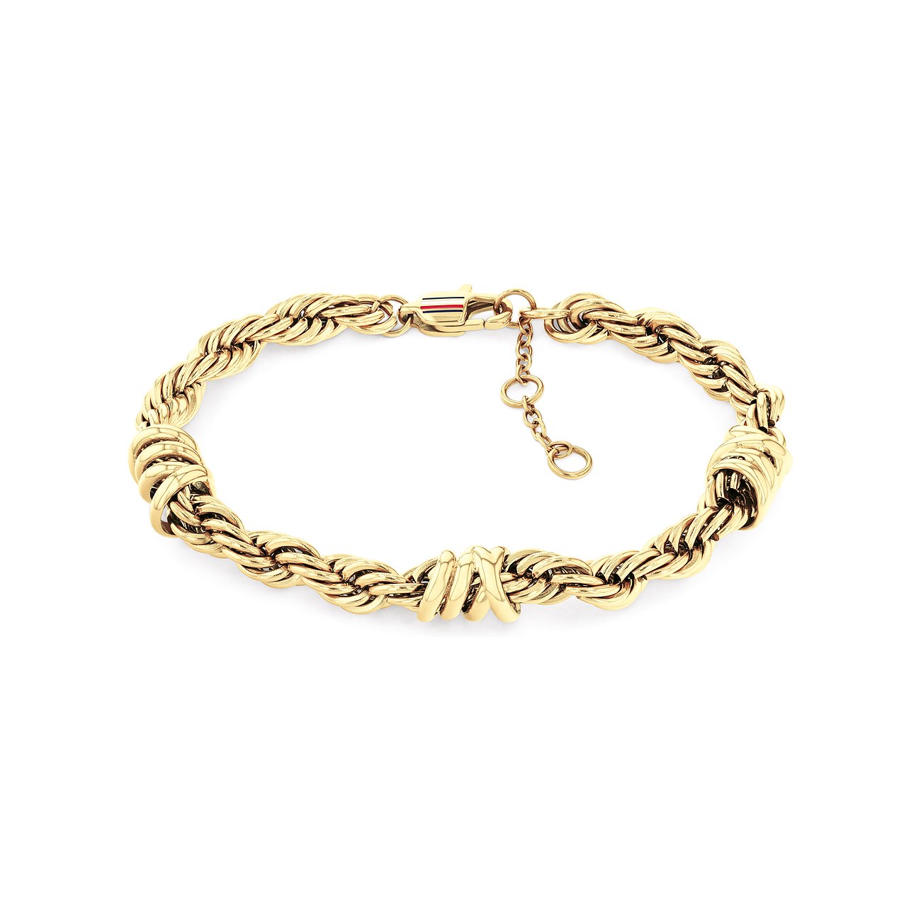 Tommy Hilfiger Armschmuck aus gelbgoldfarbenem Edelstahl in Kordelketten-Optik mit zwei dekorativen Knoten.
