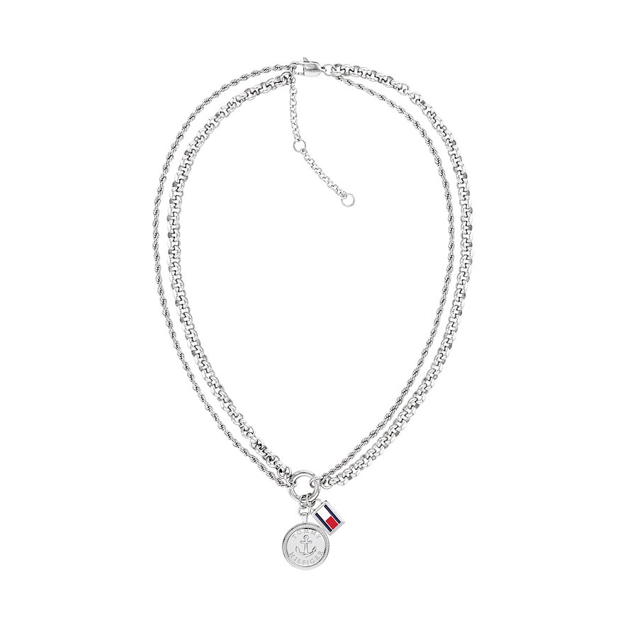Tommy Hilfiger Halsschmuck aus Edelstahl mit zweireihiger Kette, Münzanhänger und kleiner Flagge.