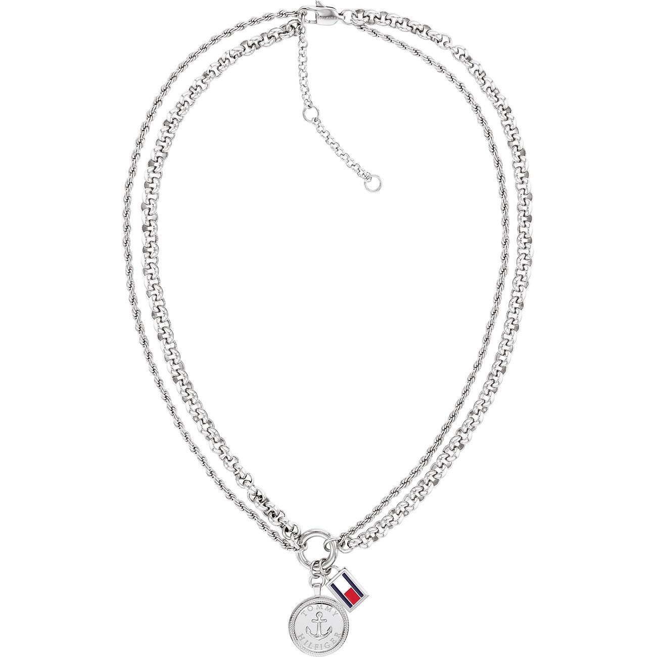 Tommy Hilfiger Halsschmuck aus Edelstahl mit zweireihiger Kette, Münzanhänger und kleiner Flagge.