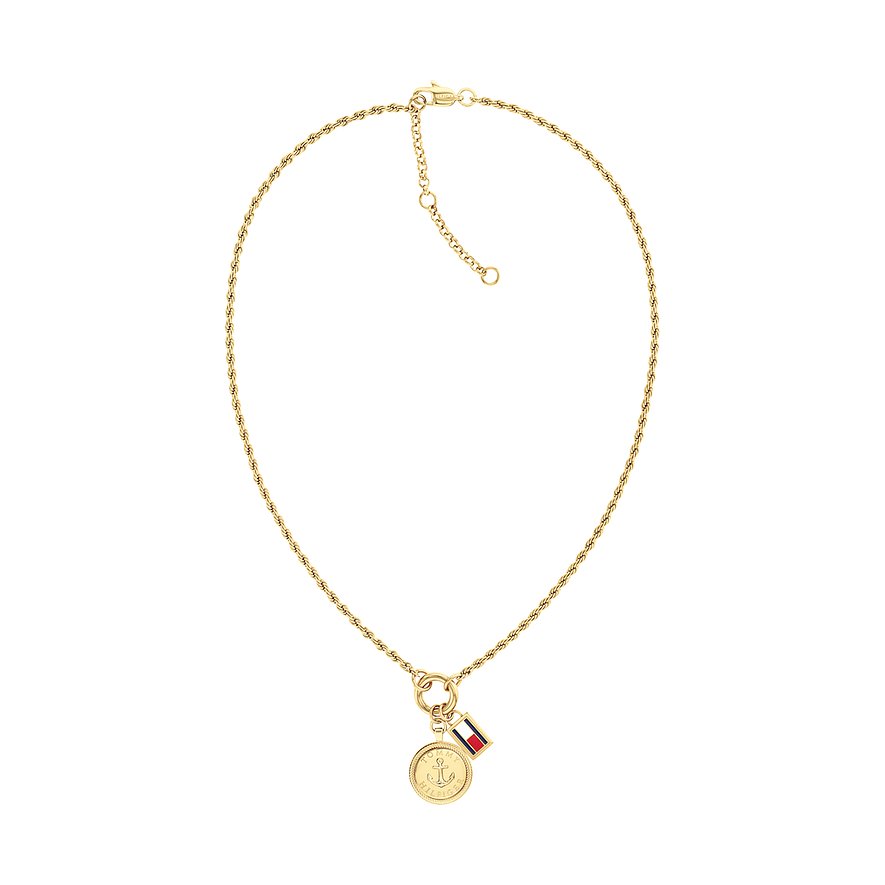 Tommy Hilfiger Halsschmuck aus goldfarbenem Edelstahl mit runder Anker-Prägeplatte und Logo-Anhänger.