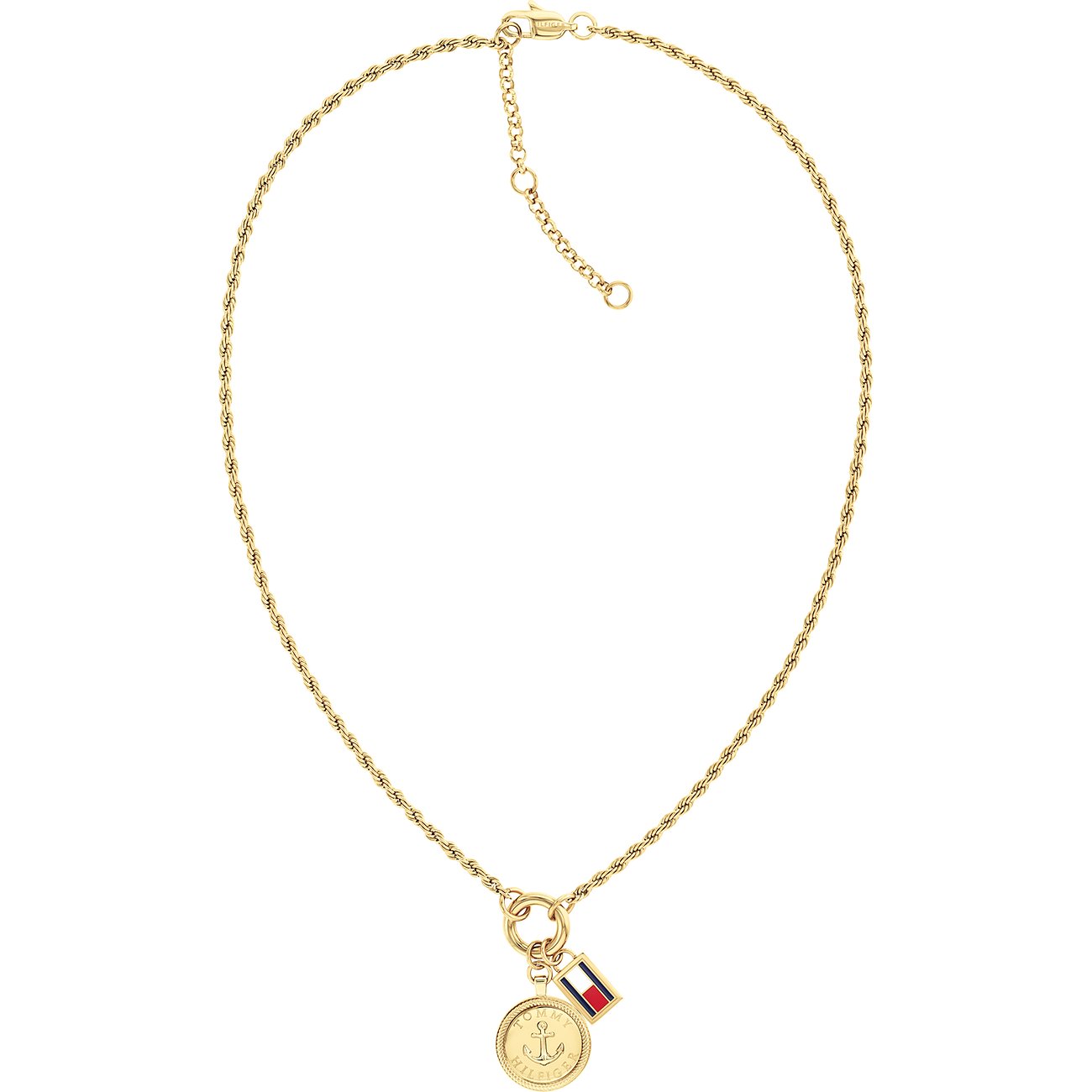 Tommy Hilfiger Halsschmuck aus goldfarbenem Edelstahl mit runder Anker-Prägeplatte und Logo-Anhänger.