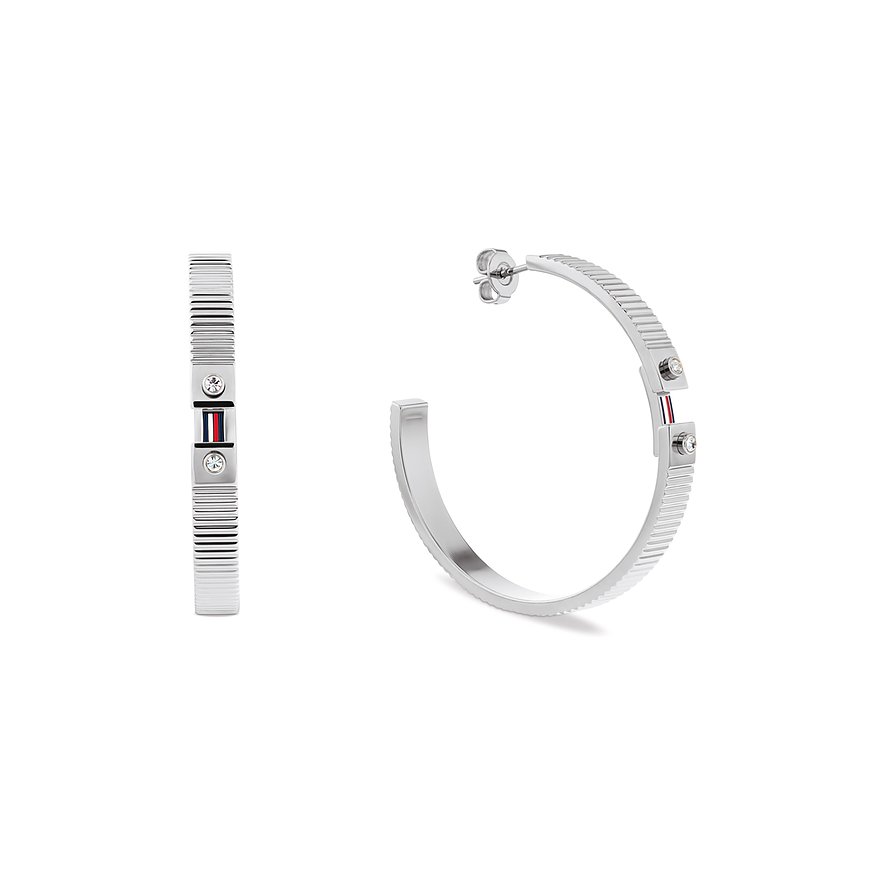 Tommy Hilfiger Edelstahl-Creolen mit Rillenstruktur, funkelnden Kristallen und Markenlogo.