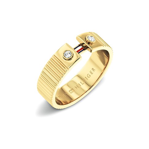 Goldener Tommy Hilfiger Edelstahlring mit seitlichen Rillen, zwei klaren Kristallen und farbigem Streifen.