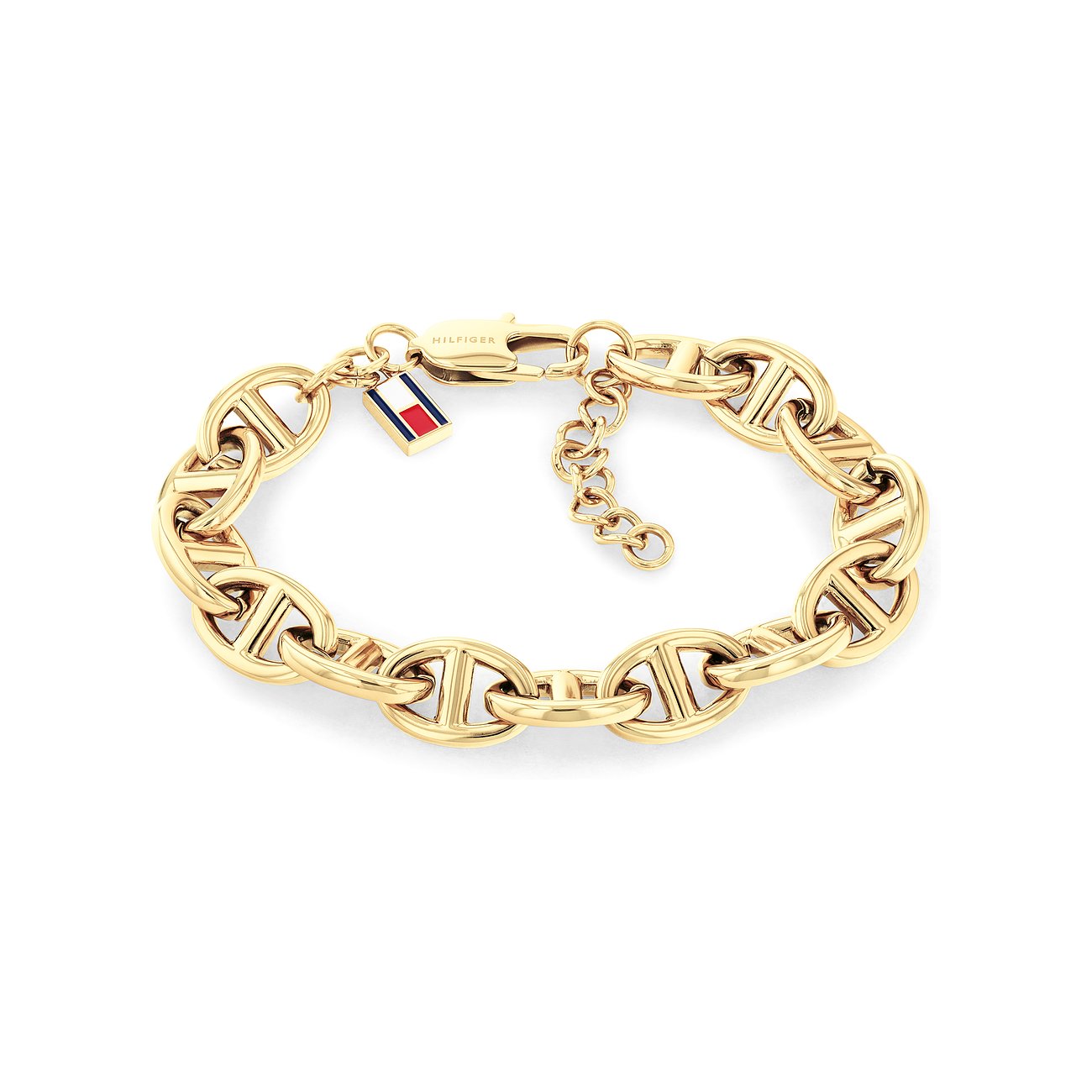 Ein goldenes Tommy Hilfiger Edelstahl-Armband mit Ankerglieder-Kette und einem kleinen Logo-Anhänger.