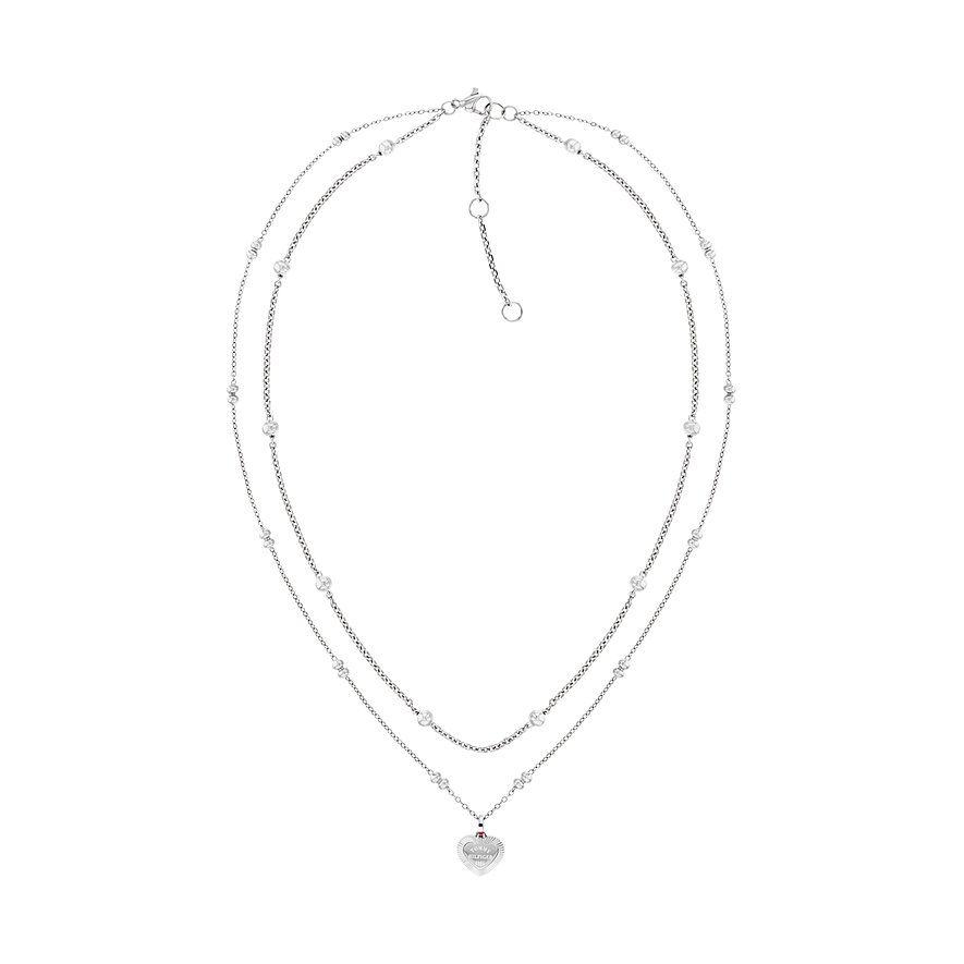 Tommy Hilfiger Edelstahlschmuck: doppelte, silberfarbene Kette mit klaren Schmucksteinen und Herzanhänger.