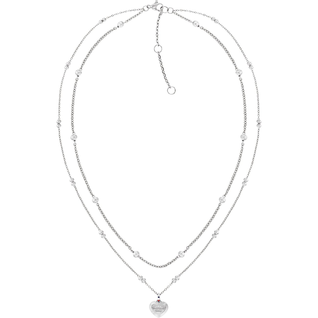 Tommy Hilfiger Edelstahlschmuck: doppelte, silberfarbene Kette mit klaren Schmucksteinen und Herzanhänger.