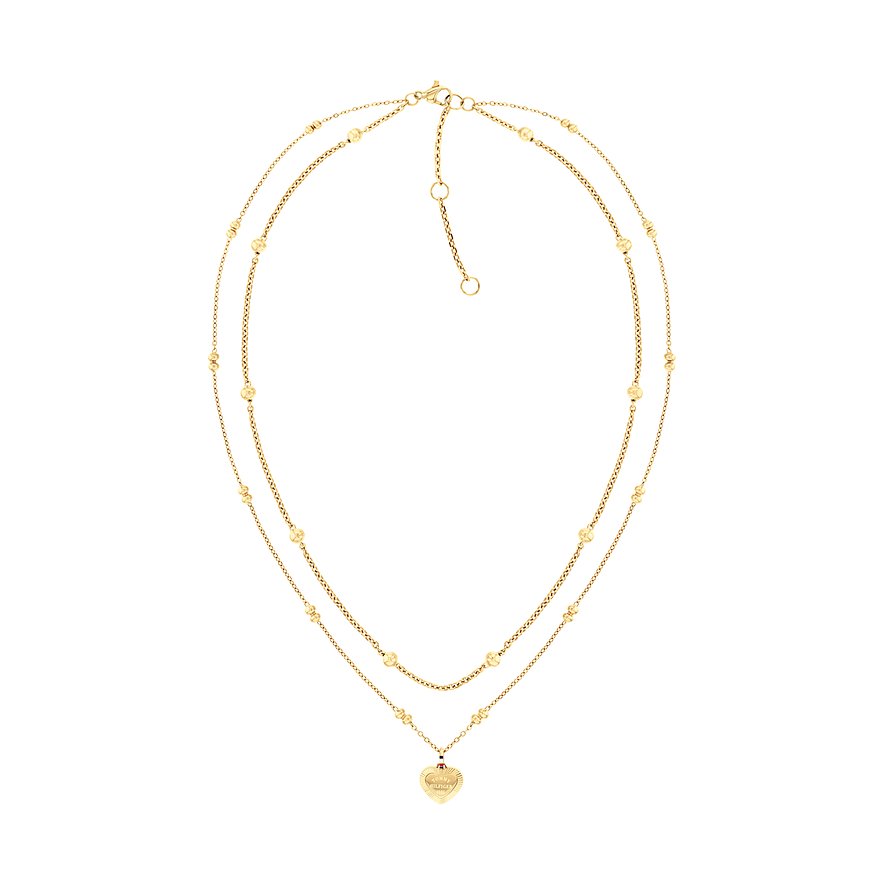 Tommy Hilfiger Halsschmuck aus goldfarbenem Edelstahl mit zwei Kettenlagen, kleinen Kügelchen und einem Herzanhänger.
