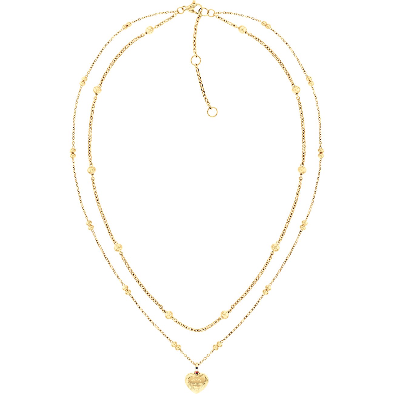 Tommy Hilfiger Halsschmuck aus goldfarbenem Edelstahl mit zwei Kettenlagen, kleinen Kügelchen und einem Herzanhänger.