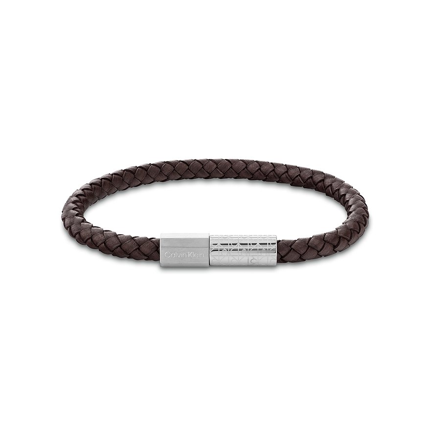 Calvin Klein armband van gevlochten bruin leer met een roestvrijstalen sluiting.