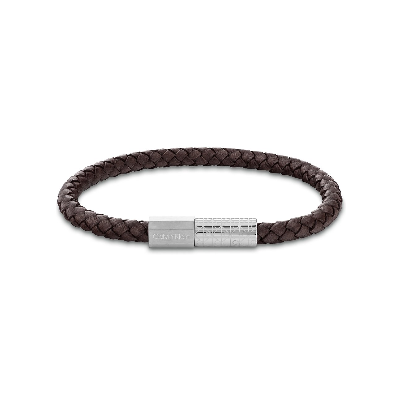 Calvin Klein armband van gevlochten bruin leer met een roestvrijstalen sluiting.