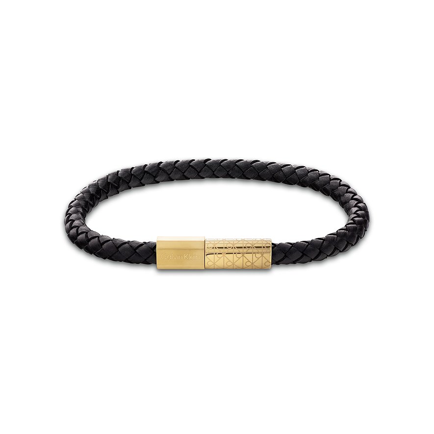 Calvin Klein armband van zwart gevlochten leer met een goudkleurige roestvrijstalen kliksluiting.