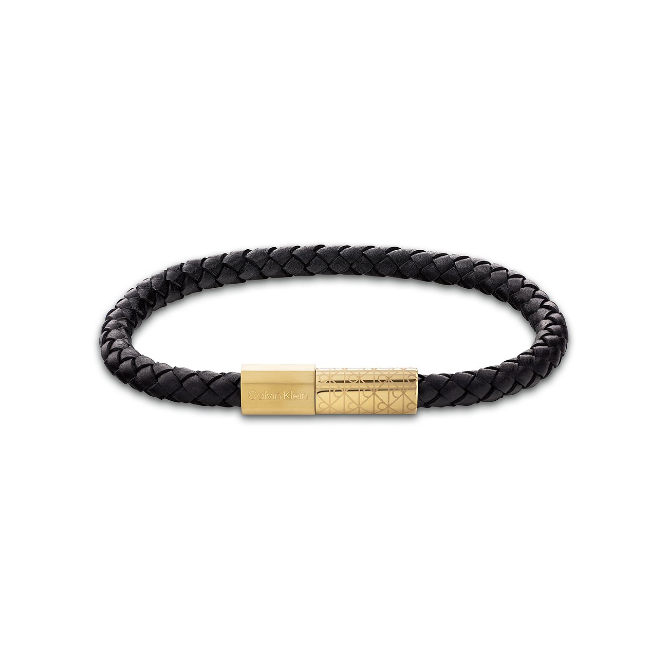 Calvin Klein armband van zwart gevlochten leer met een goudkleurige roestvrijstalen kliksluiting.