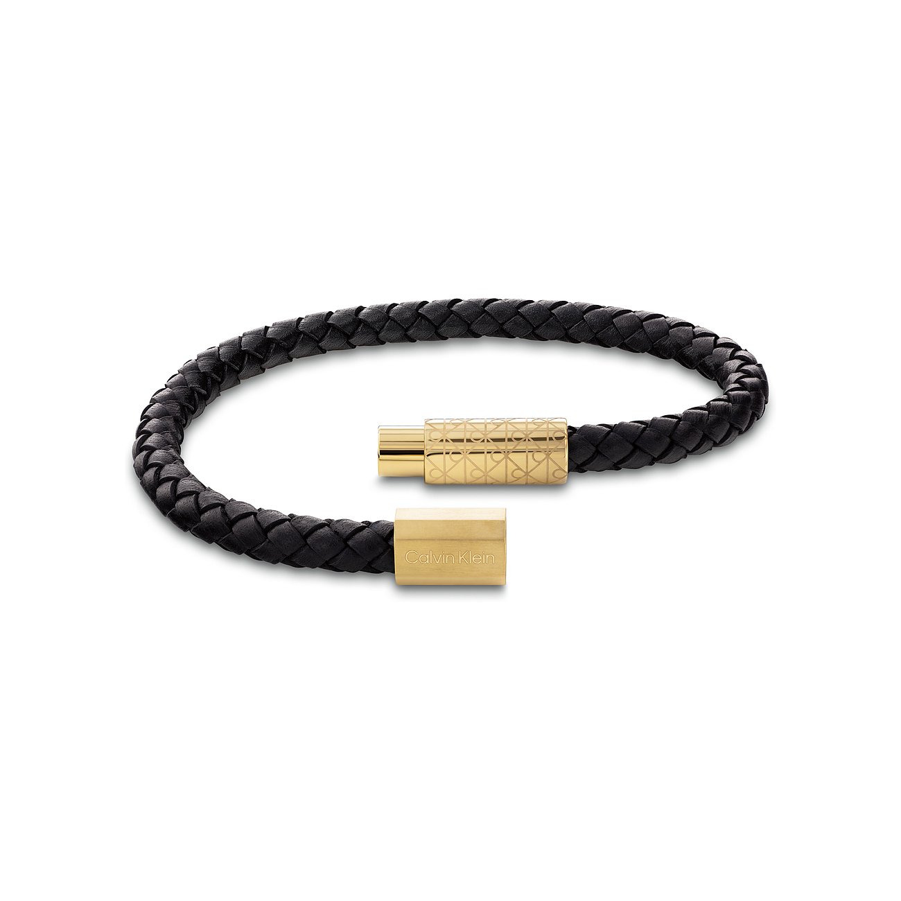 Gesloten Calvin Klein armband van zwart gevlochten leer met een glanzend goudkleurige roestvrijstalen sluiting.
