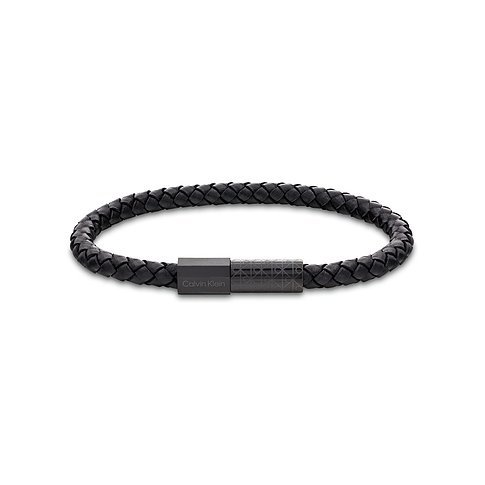 Calvin Klein Armbanduhr aus geflochtenem schwarzem Leder und Edelstahl mit Calving Klein Gravur auf dem Verschluss.